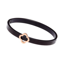 Load image into Gallery viewer, Stainless Steel Rose Gold Plated Flower on Black Bangle
