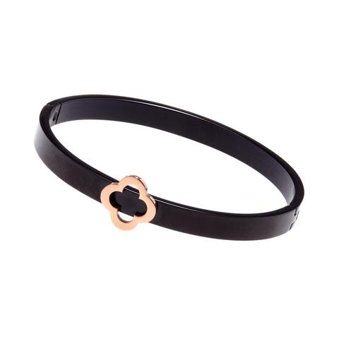 Stainless Steel Rose Gold Plated Flower on Black Bangle