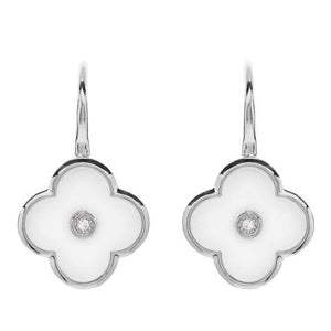 SS Rhodium Plated CZ & White Ceramic Flower Drop Earrings