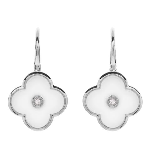 SS Rhodium Plated CZ & White Ceramic Flower Drop Earrings