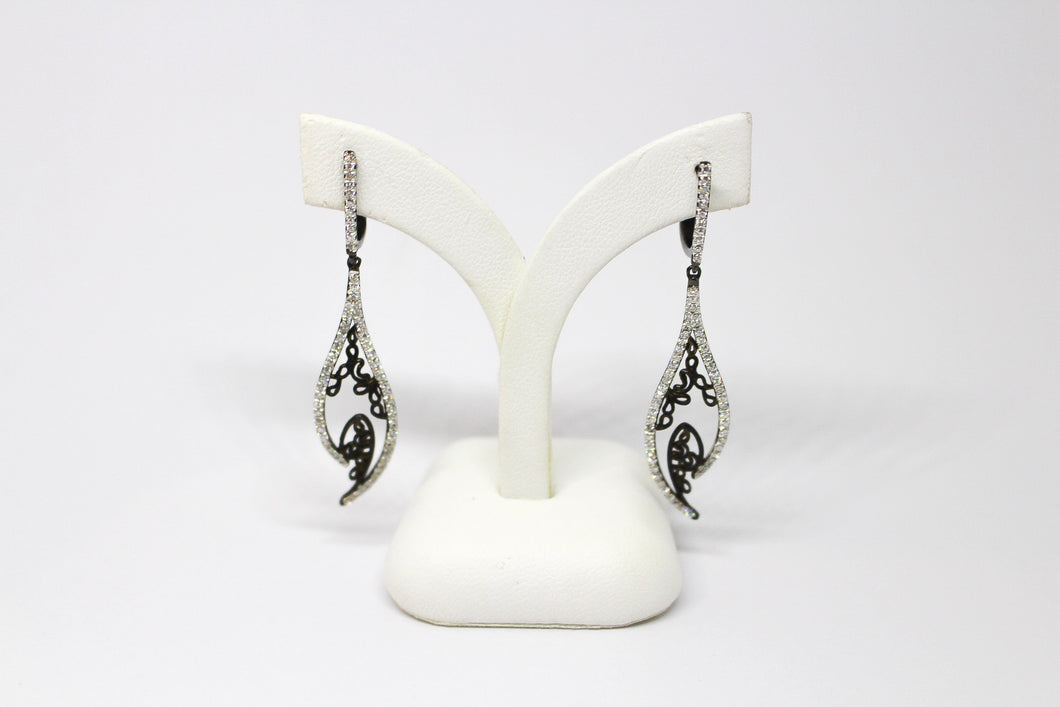 SS CZ Leaf Earrings with Blk Filigree inner
