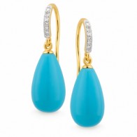 Turquoise Reconstituted & Diamond Drop Shepherd Hook Earring in 9ct Yellow Gold